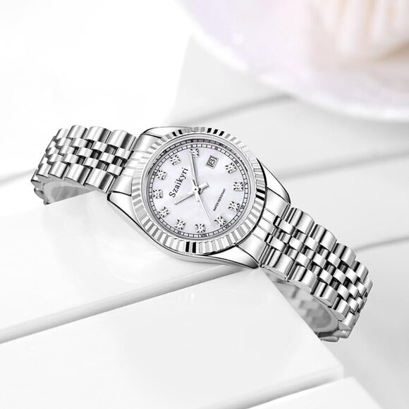 ?Women Silver Solid Stainless Steel Band Ladies Dress Watch Calendar Watch main image 4